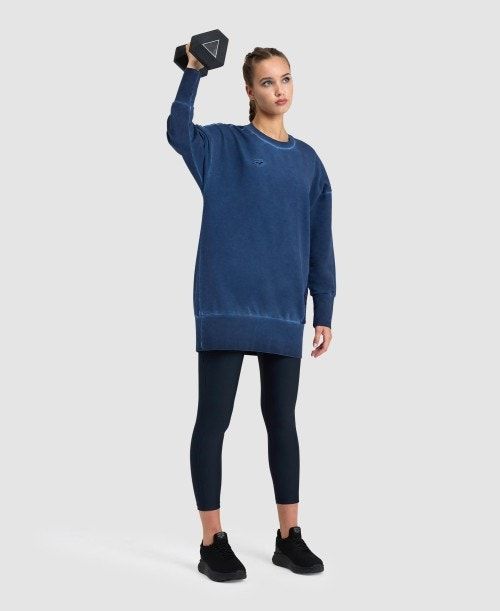 Arena Icons Oversized Crewneck Pullover Dam Marinblå Marinblå Vita | KRUITGY-84