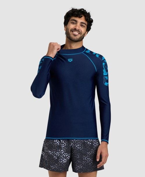 Arena Long Sleeve Rash Guard Pullover Herr Marinblå Turkos | TDWKECU-37