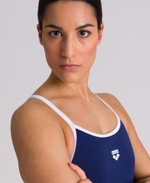 Arena Team Stripe Super Fly Back One Piece Body Dam Marinblå Vita | RWNHQZY-95