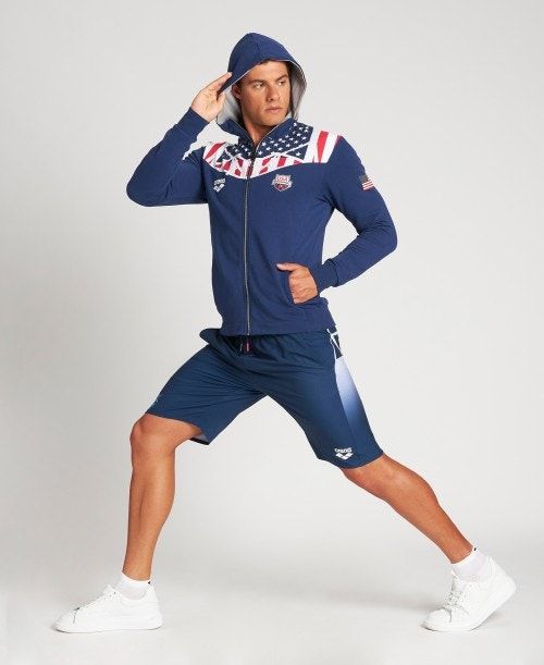 Arena Usa Swimming Team Kit Hooded Zip Jacket Jackor Herr Marinblå | QIZAYNF-01