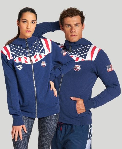 Arena Usa Swimming Team Kit Hooded Zip Jacket Jackor Herr Marinblå | QIZAYNF-01