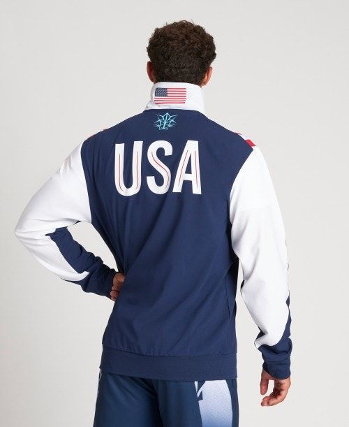 Arena Usa Swimming Team Kit Warm Up Jacket Jackor Herr Marinblå Vita | PGSVUEK-32