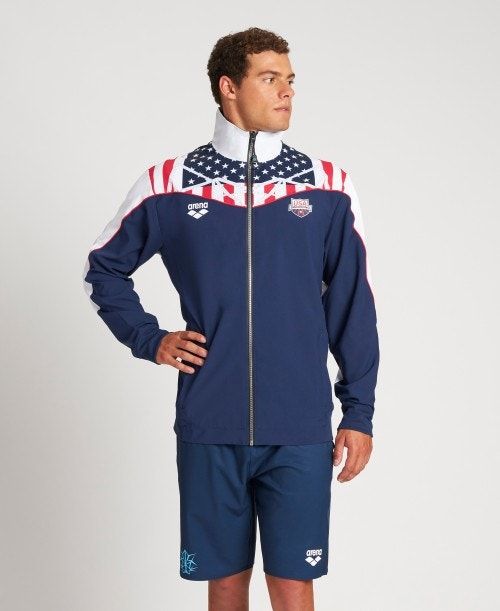 Arena Usa Swimming Team Kit Warm Up Jacket Jackor Herr Marinblå Vita | PGSVUEK-32